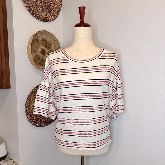 𝅺CODE x MODE Striped Balloon Sleeve Shirt Women's Sz Medium Red White Crop - Picture 1 of 6